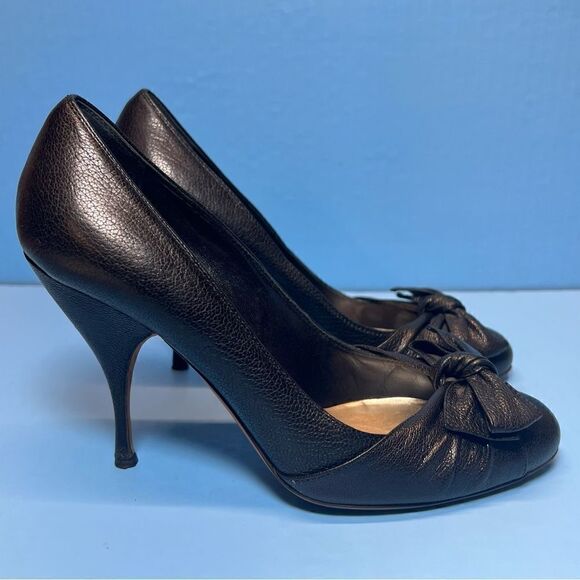 Miu Miu Donna Pebbled Leather Stiletto Soft Ribbon Bow Heels in Nero EU36/US6 - Picture 5 of 12